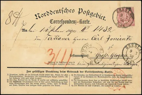 1 Gr. rosa (min. "eckrund") einzeln in seltener Verwendung auf Correspondenzkarte mit K2 "Breslau" und rotem Franko-K1 "Breslau F.N.5" als Teilbar-Frankatur…