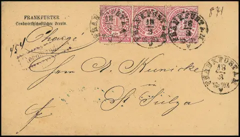 1 Gr. rosa im waagerechten Paar in Währungs-Mischfrankatur mit 3 Kr. rosa auf beigem Kabinettcouvert (Vordruck des Landwirtschaftlichen Vereins) mit K1…