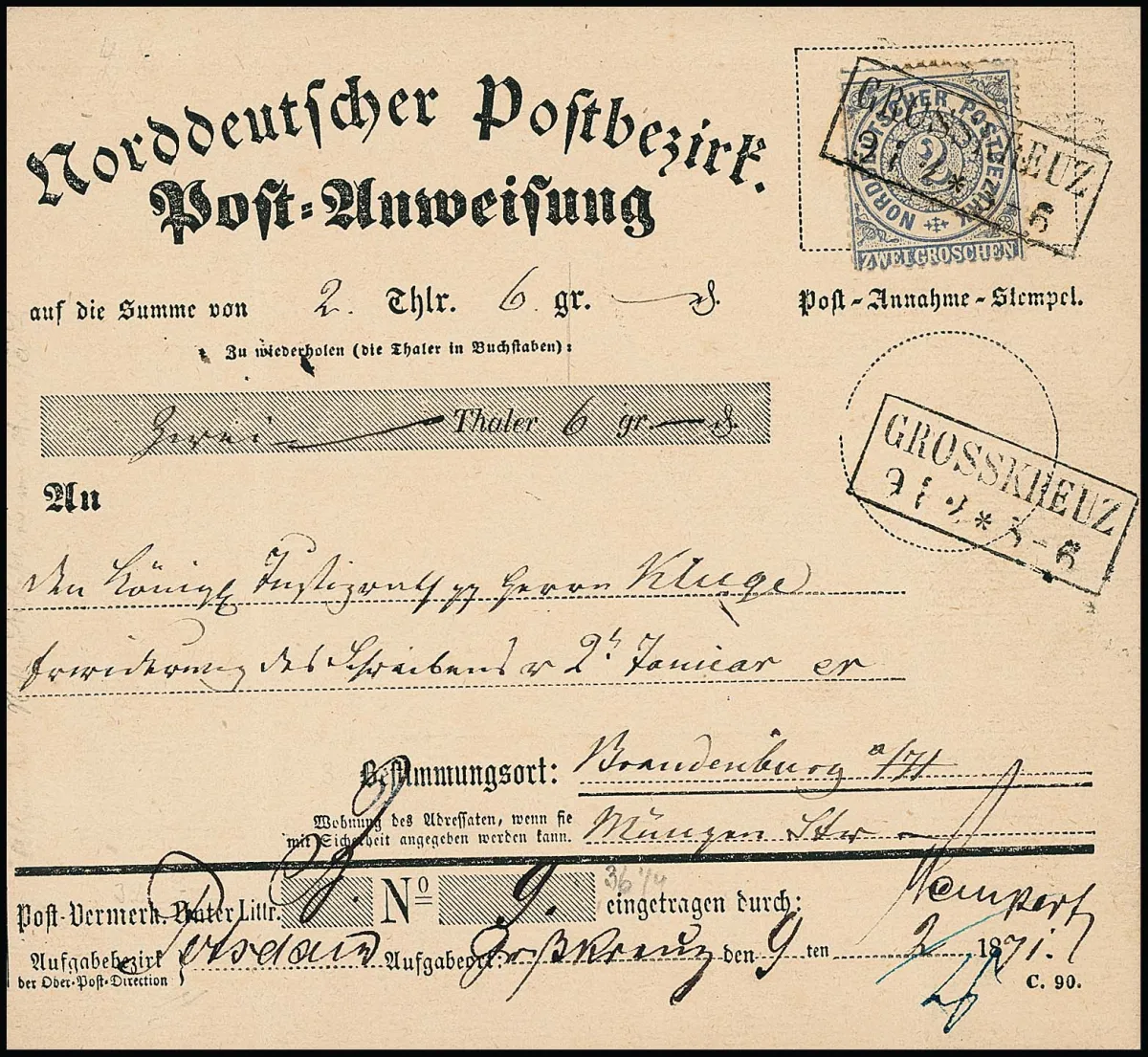 2 Gr. blue (very slight edge patina) as single franking with clear Prussia-Ra2 "Grosskreuz" on pre-printed postal order for 2 Thaler and 6 Groschen to…
