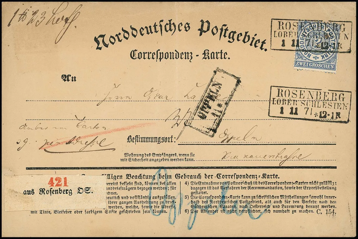 2 Gr. blau, perfektes Exemplar in seltener Verwendung auf Correspondenz-Karte (typische Mittelfalte ausserhalb), mit Ra3 "Rosenberg i. Ober-Schlesien" als…