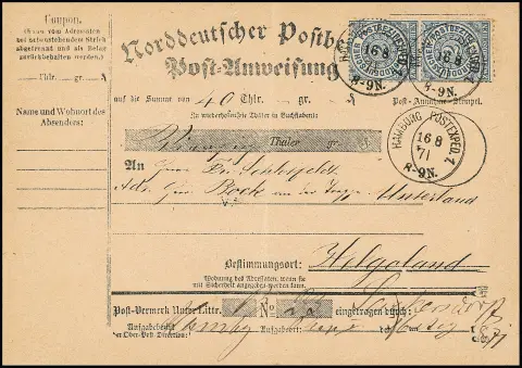 2 Gr. blau, weitgehend gut gezähntes Paar (unten ein kurzer Zahn) auf kompletter Postanweisung (diese typische leichte Mittelfalte ausserhalb) mit K1 "Hamburg…