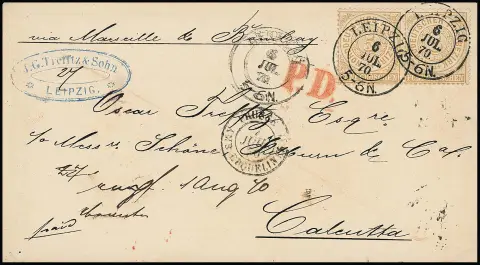 5 Gr. ockerbraun, gut gezähntes Kabinettpaar mit K2 "Leipzig" auf Couvert aus der bekannten "Trefftz"-Korrespondenz (siehe 103. Rauhut-Auktion 2007) nach…