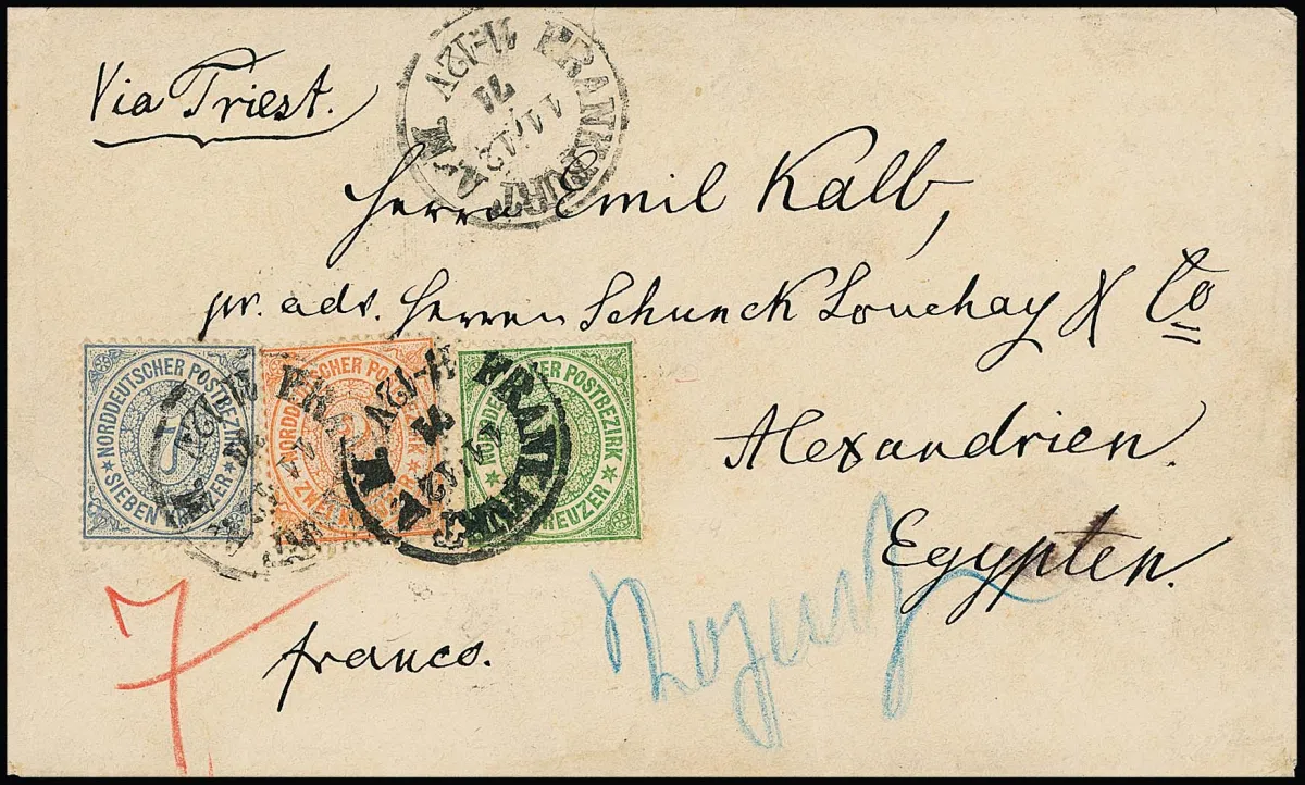 1 Kr. zielony, 2 Kr. czerwono-pomarańczowy i 7 Kr. niebieski, dobrze ząbkowane kabinetowe sztuki na kopercie z K1 "Frankfurt a.M.", listopad 1871, z znanej korespondencji "Kalb" do Aleksandrii/Egipt