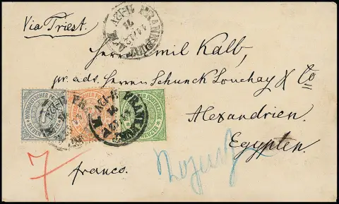 1 Kr. grün, 2 Kr. rotorange und 7 Kr. blau, gut gezähnte Kabinettstücke auf Couvert mit K1 "Frankfurt a.M.", Nov. 1871, aus der bekannten "Kalb"-Korrespondenz…