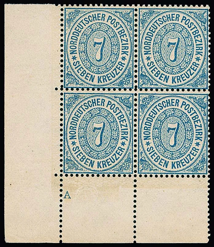 7 Kr. blue in mint never hinged cabinet block of four from the lower left sheet corner with plate marking "A", due to production also on the front some original gum