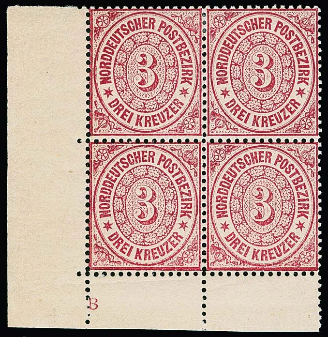 3 Kr. pink in block of four from the lower left sheet corner, the upper pair unused, the lower pair with rare plate marking "B" mint never hinged