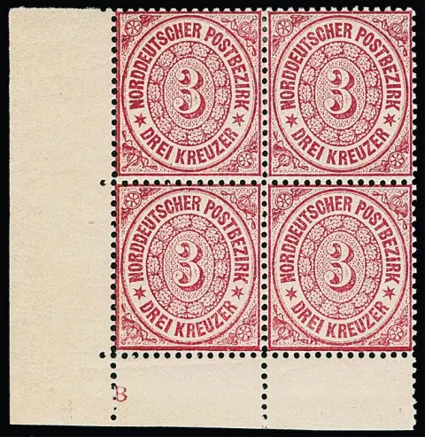 3 Kr. rosa im Viererblock aus der linken unteren Bogenecke, das obere Paar ungebraucht, das untere mit seltenem Plattenkennzeichen "B" postfrisch