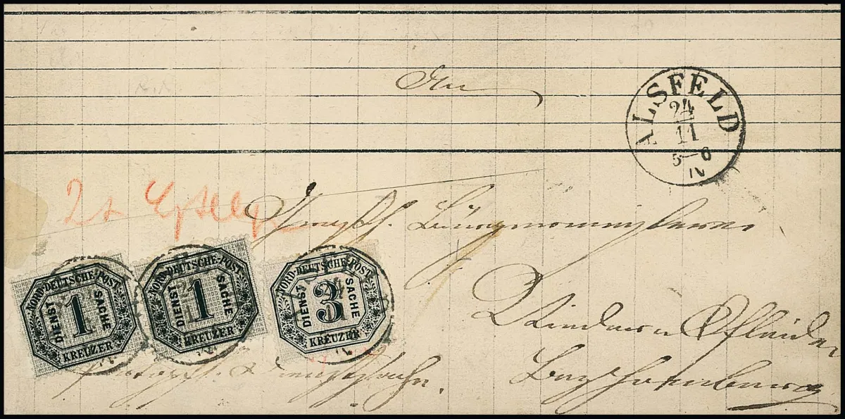 Dienst 1 Kr. schw./grau, zwei gut gezähnte Pracht-Exemplare als vorausbezahltes Landbestellgeld, nebst 3 Kr. schw./grau als Porto (diese ein kurzer Zahn) auf…