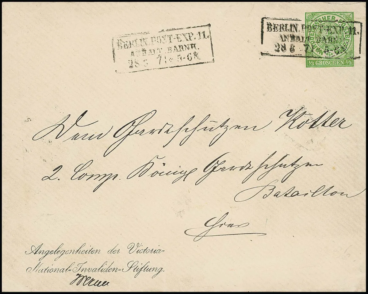 Enveloppe entière de la Victoria-National-Invalidenstiftung 1/3 Gr. jaune-vert, format 151:120mm, enveloppe de cabinet exceptionnellement bien conservée…