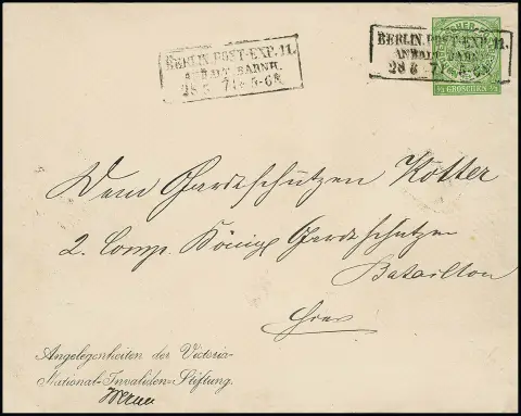 Ganzsachenumschlag der Victoria-National-Invalidenstiftung 1/3 Gr. gelbgrün, Format 151:120mm, als überdurchschnittlich gut erhaltener Kabinett-Umschlag…