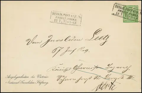 Ganzsachenumschlag der Victoria-National-Invalidenstiftung 1/3 Gr. grün im Format 187:122mm gebraucht als Retour-Ortsbrief an einen Invaliden, mit Ra3 "Berlin…