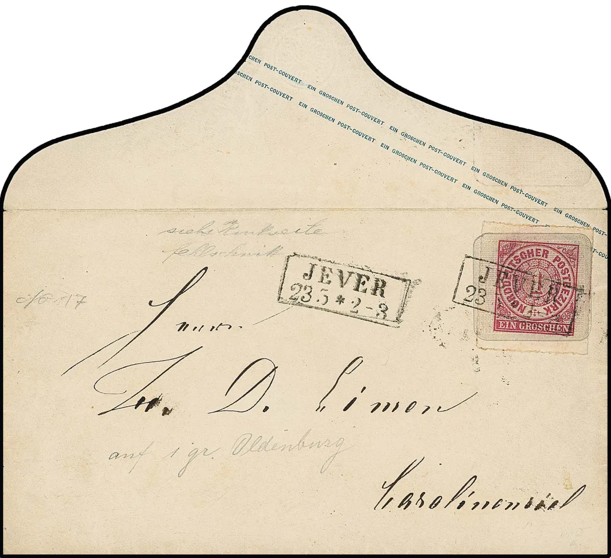 Aufbrauchs-Ganzsache 1 Gr. rosa auf Oldenburg 1 Gr., Kabinettcouvert mit Ra2 "Jever", seltener, vielleicht einmaliger Fehldruck aus der Petschek-Sammlung,…