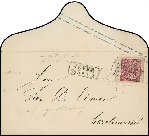 Aufbrauchs-Ganzsache 1 Gr. rosa auf Oldenburg 1 Gr., Kabinettcouvert mit Ra2 "Jever", seltener, vielleicht einmaliger Fehldruck aus der Petschek-Sammlung,…