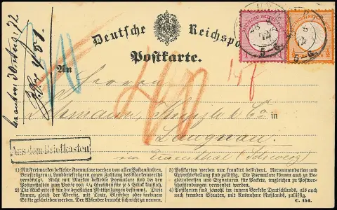 1 Gr. rosa, Kabinettstück, nebst 1/2 Gr. orange (etwas unregelm. gezähnt), auf tadelloser Auslands-Postkarte in die Schweiz, zentr. K2 "Erfurt 28/8 72" und…
