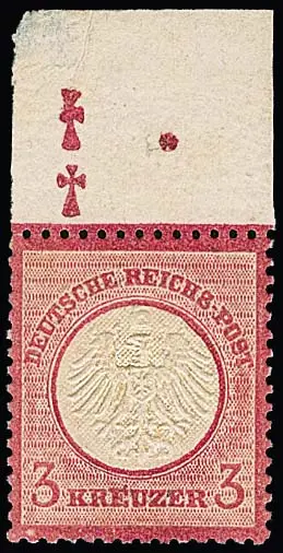 3 Kr. karmin, ungebrauchtes Oberrandstück (nahezu postfrisch, als solches auch attestiert Sommer) mit nur winzigen Haftstellen, oben mit Plattenkennzeichen…