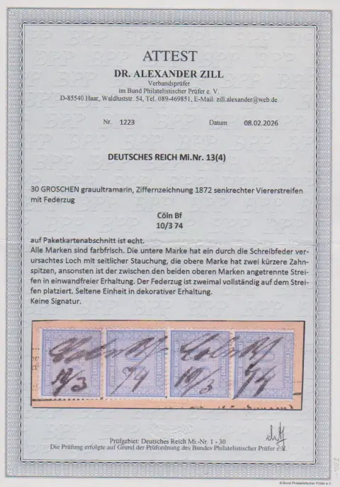 30 Gr. blau, gut gezähnter senkrechter Viererstreifen (nur die obere Marke zwei verkürzte Zahnspitzen) auf Briefstück mit handschriftlicher Entwertung "Cöln…