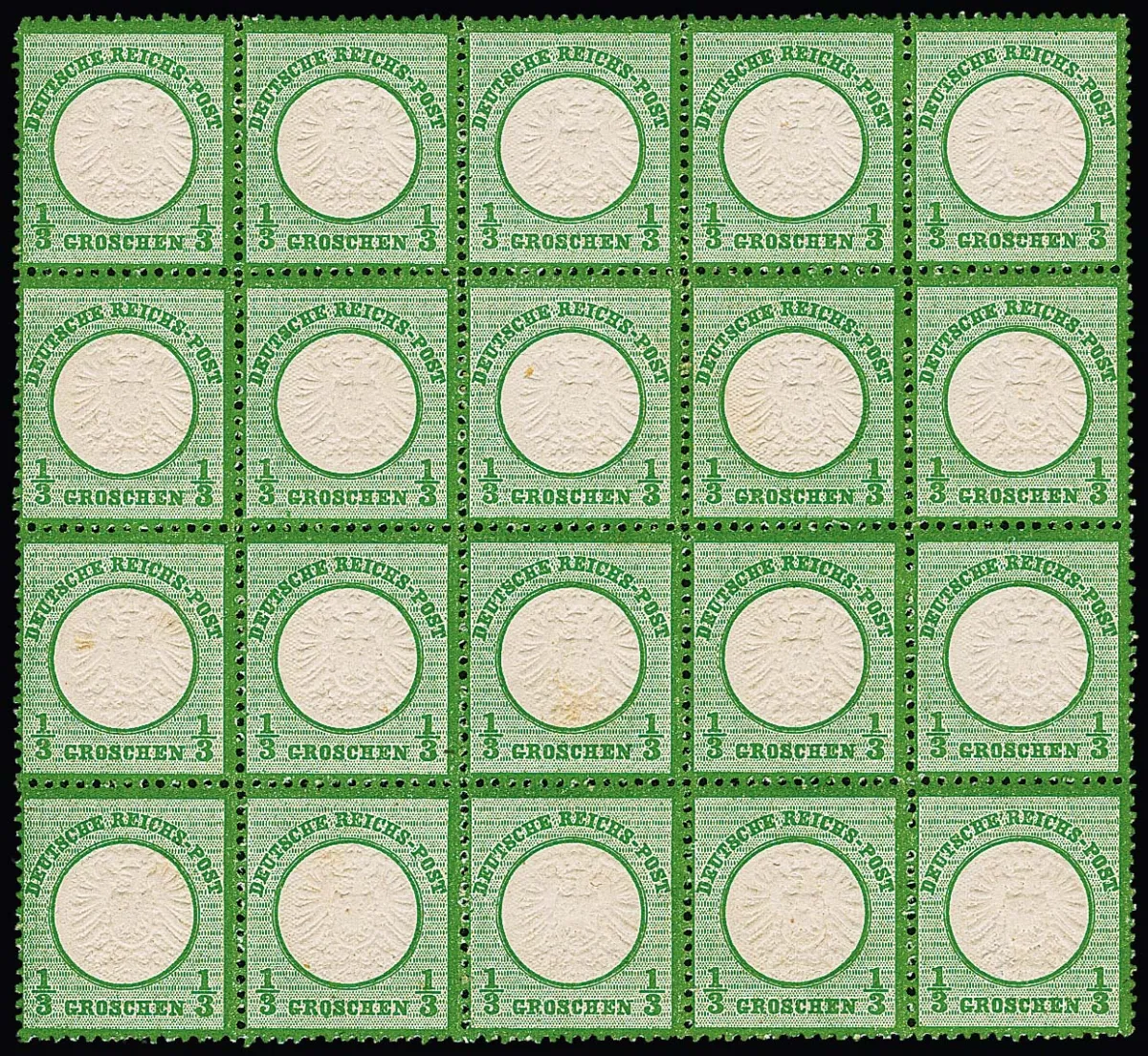 1/3 Gr. groen, postfris luxe blok van 20 met deels zeldzame ruwe tanding, goed gecentreerd, mooie en zeldzame eenheid, certificaat Scheller "superbe". Mi. 3600,-