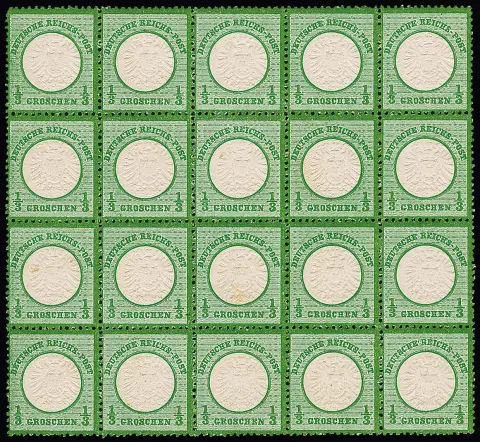 1/3 Gr. grün, postfrischer Luxus-20er-Block in teils seltener rauher Zähnung, bestens geprägt, gezähnt und zentriert, eine schöne und seltene Einheit, Attest…