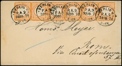 1/2 Gr. orange, seltener waagerechter Sechserstreifen (mit den üblichen kleinen Zahnfehlern) auf Couvert 1874 mit K1 "Berlin W. P.A.9." nach Rom/Italien. Ex…