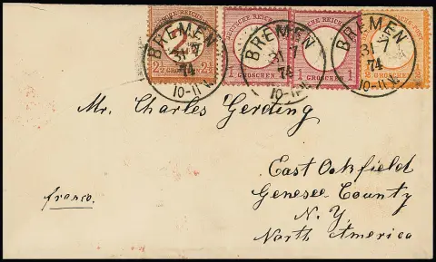 1/2 Gr. orange, zweimal 1 Gr. rosa und 2 1/2 a. 2 1/2 Gr. rotbraun als ungewöhnliche Frankatur-Darstellung auf Prachtcouvert mit K1 "Bremen" 1874 nach East…