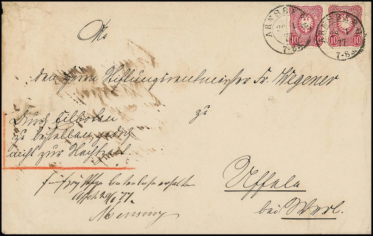 Zwei seltene Land-Expreßbriefe 1876/77 aus gleicher Korrespondenz von Arnsberg (K2) je nach Uffeln bei Werl, mit 10 Pfg. einzeln bzw. im Paar für Doppelbrief,…