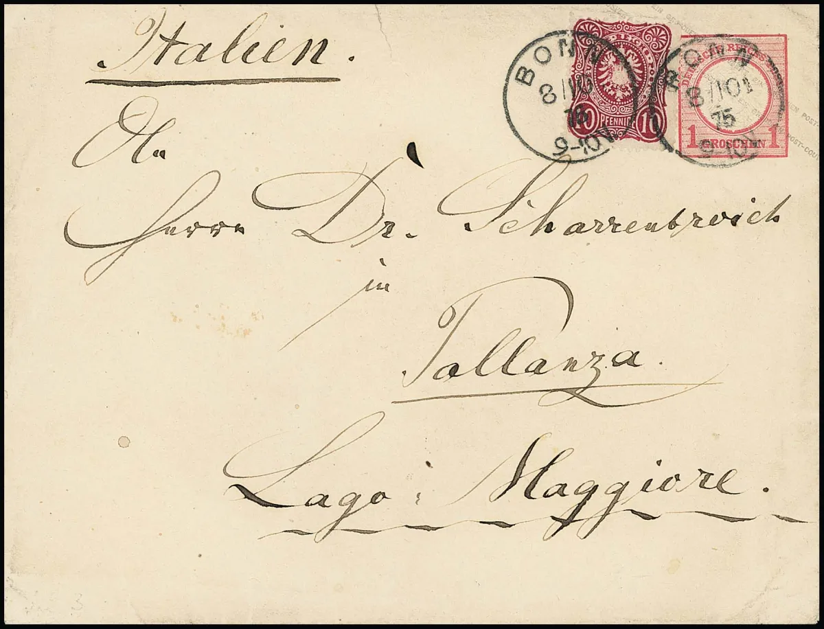 10 Pfge. dunkelrot (Grenznuance zu "blutrot") in Währungs-Mischfrankatur auf großformatiger Brustschild-Ganzsache 1 Gr. rosa, mit K1 "Bonn", spät 8.10.1875,…