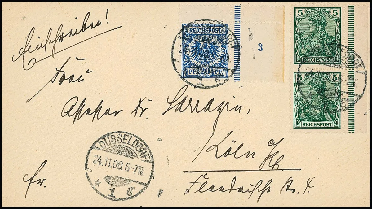 20 Pfg. blue, right upper intermediate bar corner with plate no. "3", together with margin pair 5 Pfg. Germania, on cover addressed as registered letter, probably…
