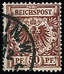 50 Pfg. fire red, the rare stamp perfectly cancelled (probably 1889). Signed Pfenninger and certificate Petry "fresh colour, typical and complete perforation ... in flawless condition. In this condition ... rare!" Mi. 1800,-