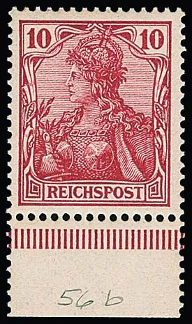 10 Pfg. "Reichspost" in rare colour carmine red as flawless mint never hinged bottom margin piece, a stamp always missing! Certificate Jäschke-L. Mi. 8000,-