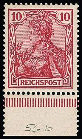 10 Pfg. "Reichspost" in seltener Farbe rotkarmin als tadellos postfrisches Unterrandstück, eine immer fehlende Marke! Attest Jäschke-L. Mi. 8000,-
