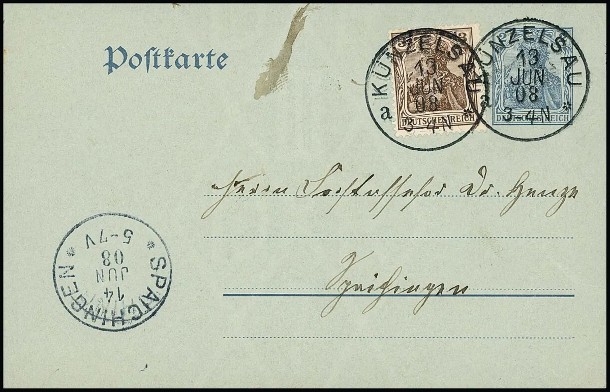 3 пф. Germania на очень редкой цельной карточке 2 пф. серая (P76, Mi. 1.650,-), с K1 "Künzelsau" 1908 в Spaichingen. Аттестат Jäschke-Lantelme: "в безупречном, гашеном состоянии."