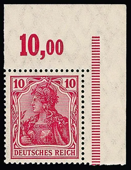 10 Pfg. dunkelrosarot, Friedensdruck, gute Farbe als postfrische rechte obere Plattendruck-Bogenecke. Mi. 1.500,-, Attest Jäschke-Lantelme