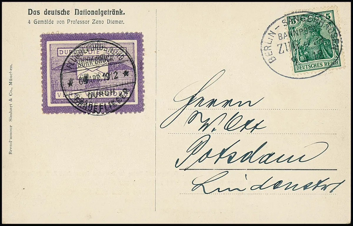 Poste aérienne Bork-Brück 1912, timbre de poste aérienne violet sur carte de poste aérienne avec cachet "Flugbeförderung Bork-Brück durch Geradeflieger", avec 5 Pfg. Germania, celle-ci avec cachet de train "Berlin-Sangerhausen", vers Potsdam. Sur entier, en bon état, un timbre de poste aérienne rare. Mi. 2.000,-