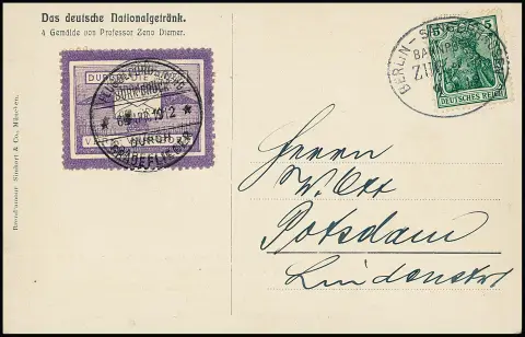 Poste aérienne Bork-Brück 1912, timbre de poste aérienne violet sur carte de poste aérienne avec cachet "Flugbeförderung Bork-Brück durch Geradeflieger", avec 5 Pfg. Germania, celle-ci avec cachet de train "Berlin-Sangerhausen", vers Potsdam. Sur entier, en bon état, un timbre de poste aérienne rare. Mi. 2.000,-