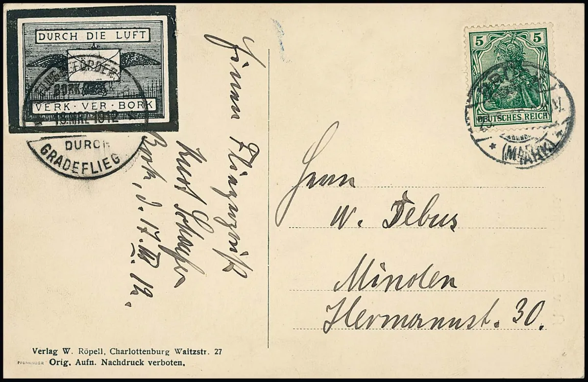 Flugpost Bork-Brück 1912, der geschnittene Probedruck in schwarz auf Kreidepapier auf Flugpostkarte mit Stempel "Flugbeförderung Bork-Brück durch…