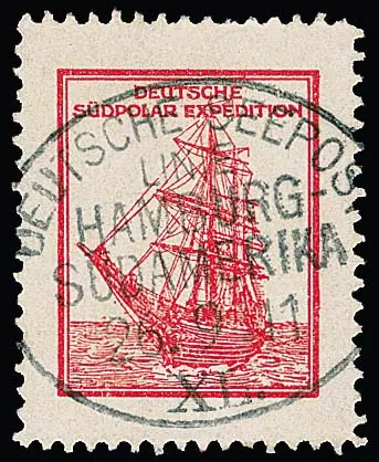 Expédition antarctique allemande 1911, timbre de l'expédition polaire sud allemande avec cachet rond de poste maritime de la ligne "Hamburg-Westafrika" 1911