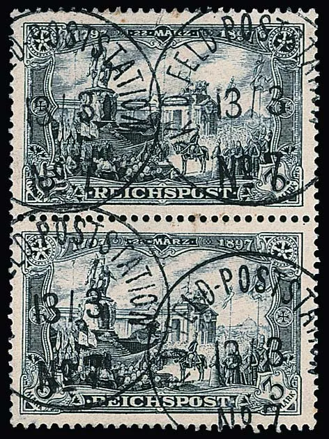 Petschili 3 Mk. Reichspost in vertical mixed type pair I/II with clear field post cancellations. Fully perforated, two perforation tips slightly shortened on the lower stamp…
