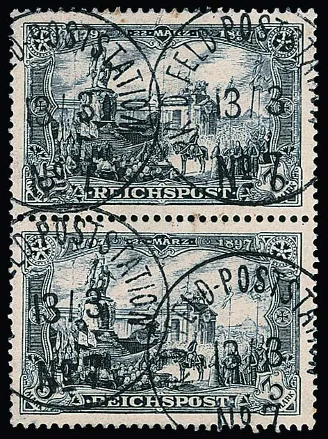 Petschili 3 Mk. Reichspost en paire verticale mixte de types I/II avec cachets de campagne clairs. Dentelé complet, deux pointes de dent légèrement raccourcies sur le timbre inférieur…