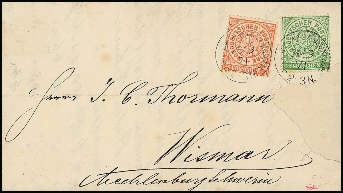 Précurseur NDP 1/3 Gr. jaune-vert et 1/2 Gr. orange, pièces superbes sur imprimé avec K1 "Constantinopel N.P.A.", 26 sept. 1871, pour Wismar. Il existe encore…