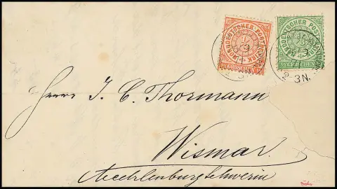 Précurseur NDP 1/3 Gr. jaune-vert et 1/2 Gr. orange, pièces superbes sur imprimé avec K1 "Constantinopel N.P.A.", 26 sept. 1871, pour Wismar. Il existe encore…
