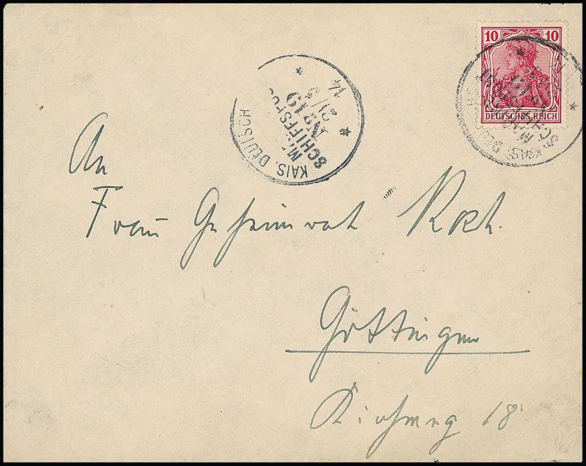 Voyage du "Königsberg" vers l'Afrique orientale allemande : "K.D. MARINE-SCHIFFSPOST No. 19", K1 du 21.5.1914 sur lettre avec Germania 10 Pfg., écrite par le…