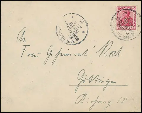 Voyage du "Königsberg" vers l'Afrique orientale allemande : "K.D. MARINE-SCHIFFSPOST No. 19", K1 du 21.5.1914 sur lettre avec Germania 10 Pfg., écrite par le…