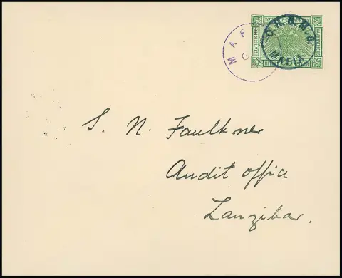 Occupation britannique, "MAFIA", 25 H. vert, timbre fiscal de Deutsch-Ostafrika avec cachet manuel bleu centré "O.H.B.M.S. MAFIA" sur enveloppe circulée…