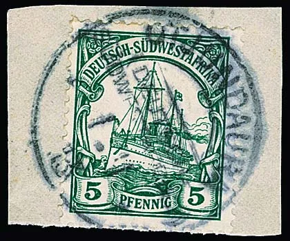 5 Pfg., usual perforation, on piece with clear, rare postmark "Otjundaura" of 1.1.1913, ArGe + 1200,-