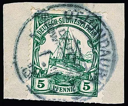 5 Pfg., dentelé habituellement, sur fragment de lettre avec cachet clair et rare "Otjundaura" du 1.1.1913, ArGe + 1200,-