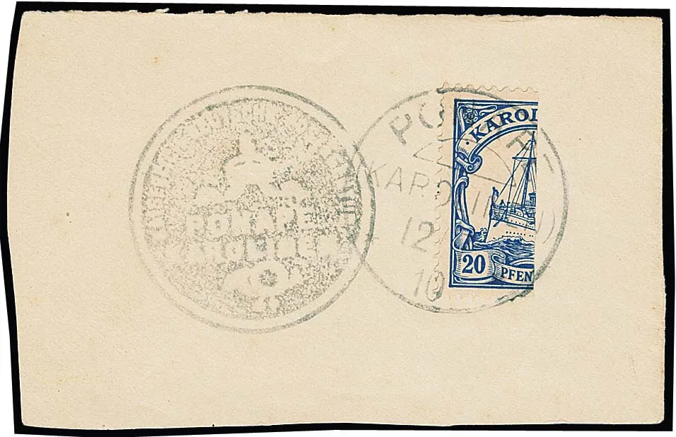 20 Pfg. halbiert auf Briefstück mit Stempel "Ponape" und Dienstsiegel (sog. "Ponape-Provisorium"), Mi. 3000,-