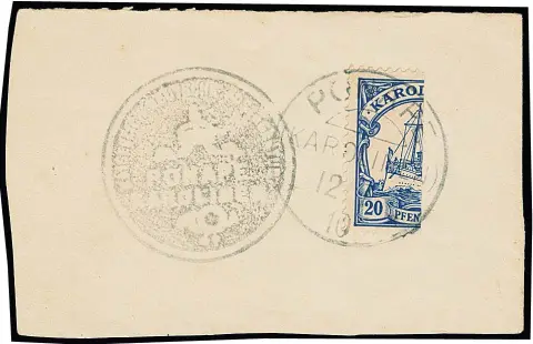 20 Pfg. coupé en deux sur fragment de lettre avec cachet "Ponape" et sceau de service (dit "Ponape-Provisorium"), Mi. 3000,-