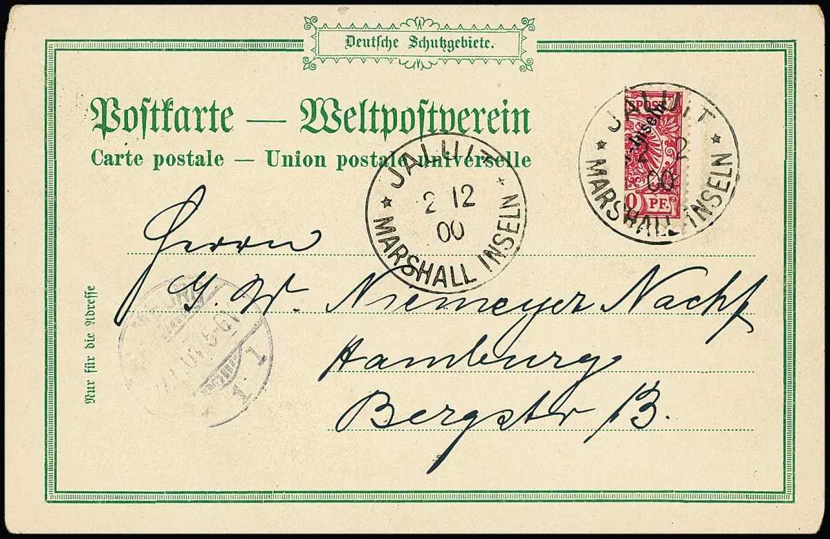 10 Pfg., vertically bisected, on flawless postcard from Jaluit, 2.12.1900, thus from the first day (!), Mi. 9000,- + first day, certificate Lantelme
