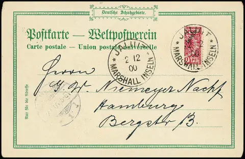 10 Pfg., coupé verticalement en deux, sur carte postale impeccable de Jaluit, 2.12.1900, donc du premier jour (!), Mi. 9000,- + premier jour, attestation Lantelme