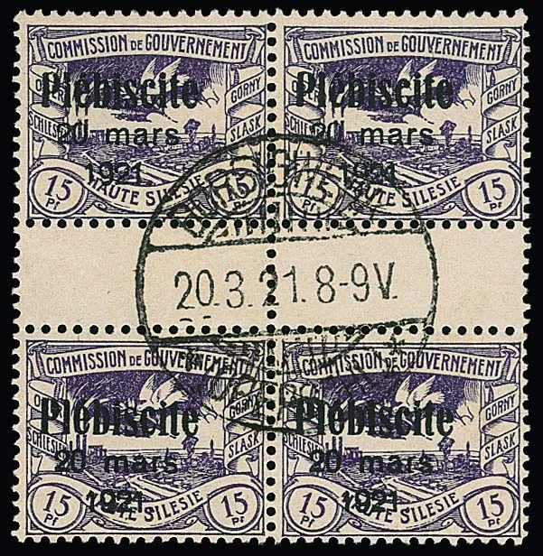 15 Pfg. gris-violet, surcharge "Plebiscite", bloc de quatre avec deux paires à interpanneau, cachet centré "Borsigwerk". Rare. Attestation Gruber. Michel sans cote